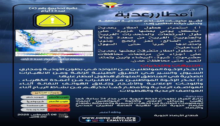 الأرصاد تحذر من استمرار الأمطار الرعدية المصحوبة برياح شديدة في عدة محافظات 