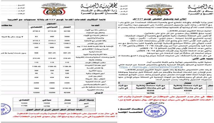 الأوقاف تعلن فتح باب تسجيل الوكالات الراغبة بتفويج الحجاج اليمنيين دون تحديد سقف أعلى 