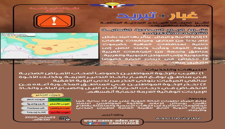 الأرصاد تحذر من موجة غبار واسعة وانخفاض في درجة الحرارة ومستوى الرؤية في عدة محافظات