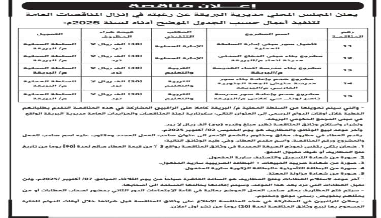 محلي البريقة يعلن عن إنزال ( 5 ) مناقصات عامة لتنفيذ أعمال ضمن المرحلة الثانية من مشاريع 2025م