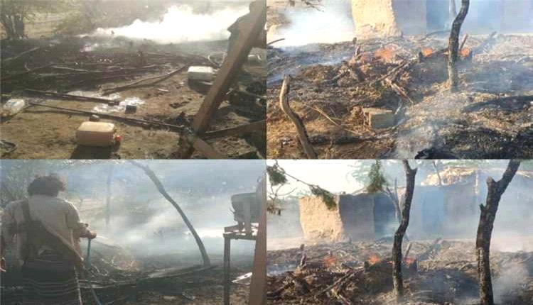 حريق هائل يلتهم ثلاثة منازل لنازحين في أبين ويشرد ثلاث أسر بالكامل