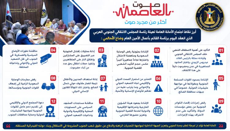 أبرز نقاط اجتماع الأمانة العامة لهيئة رئاسة الانتقالي الجنوبي في العاصمة عدن