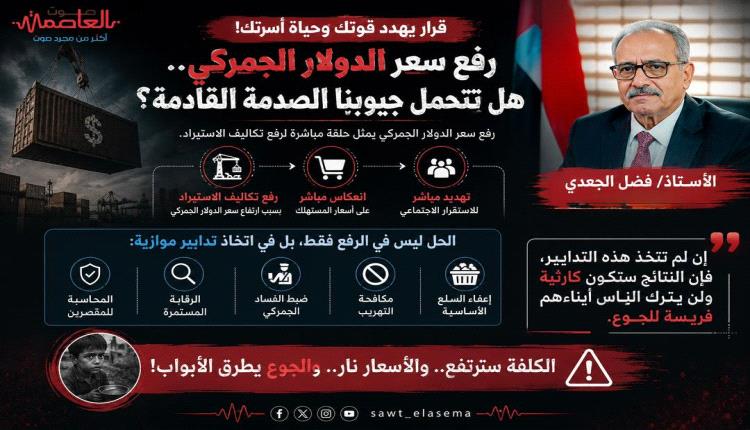 إنفوجرافيك .. الجعدي: رفع سعر الدولار الجمركي قرار كارثي يهدد حياة الشعب