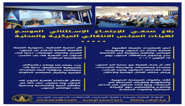 بلاغ صحفي للإجتماع الاستثنائي الموسع لهيئات المجلس الانتقالي المركزية المحلية "إنفوجرافيك"