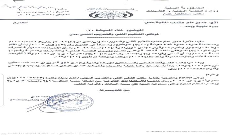 استكمال إجراءات تعزيز علاوة غلاء المعيشة (20%) لموظفي مكتب التعليم الفني بعدن بتوجيهات ومتابعة حثيثة من قيادة المكتب
